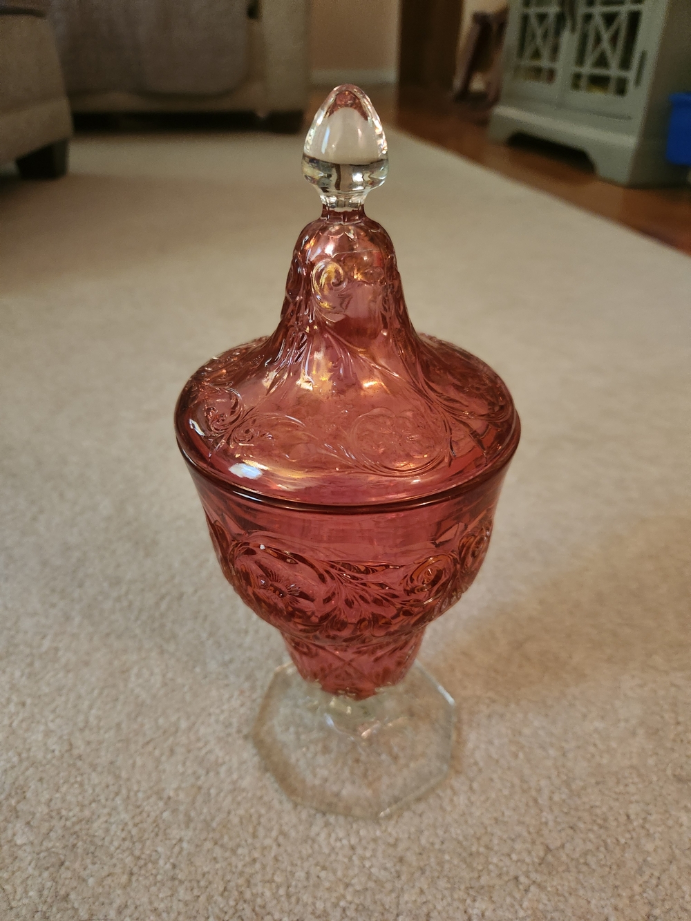 Vintage Cranberry Pressed Glass Covered Candy Dish